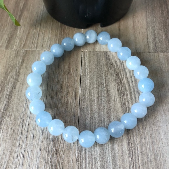 Aquamarine Stone Beads Stretchable Bracelet 7" - 8mm Beads Best Gift - Picture 2 of 2